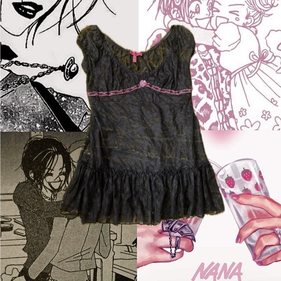Betsey Johnson Tops - Nana anime Y2K vintage Betsy Johnson black pink sheer lace flower princess top